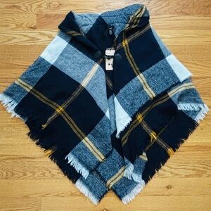 Modena Navy Plaid Toggle Closure Fringe Sweater Poncho Cape - OS NEW